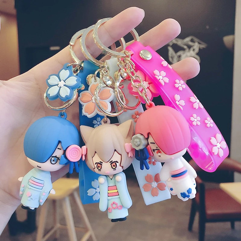 

Kawaii Anime Q 3D Keychain On Backpack Cute Ram Rem Strap Key Chains Boy Girl Bag Pendant Beatrice Keyring Gifts Accessories