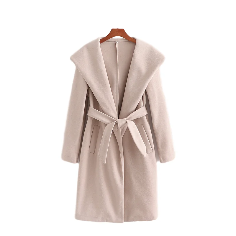 

Elegant Women Beige Hooded Overcoat 2020 Fashion Ladies Turn Down Collar Outercoat Streetwear Female Sashes Coat Chic Girl Coats