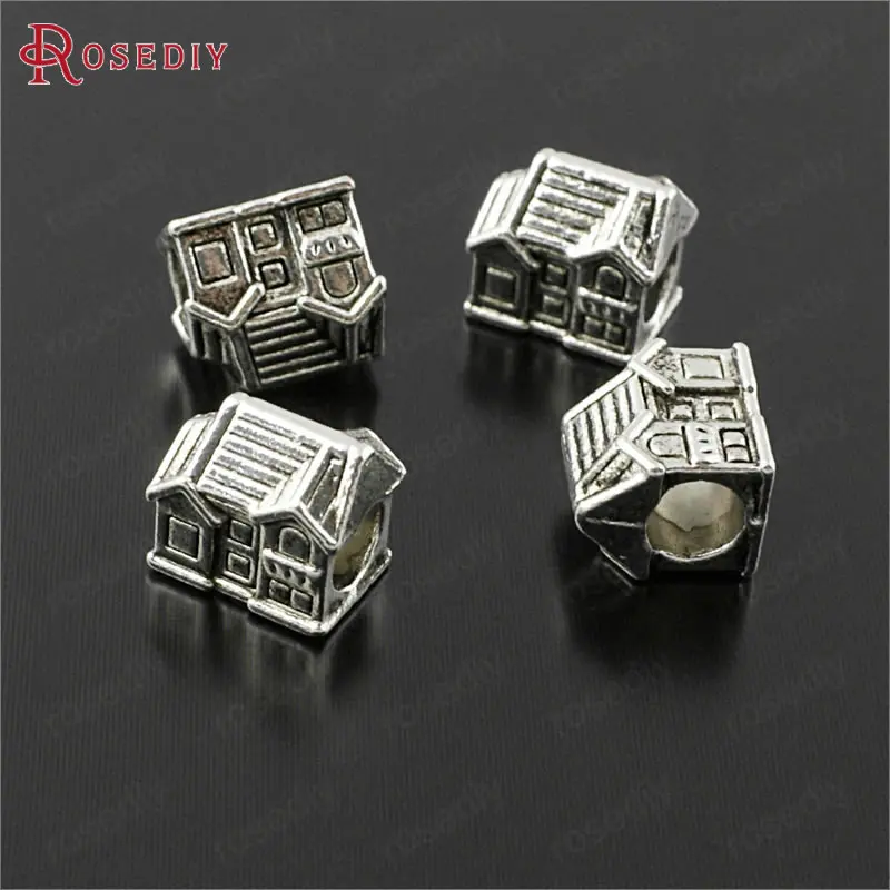 (E404)30 pieces 10.5x7x9.5mm,hole 4mm Antique Silver Zinc Alloy House Large Hole Beads Spacer Beads Jewelry Findings Accessories