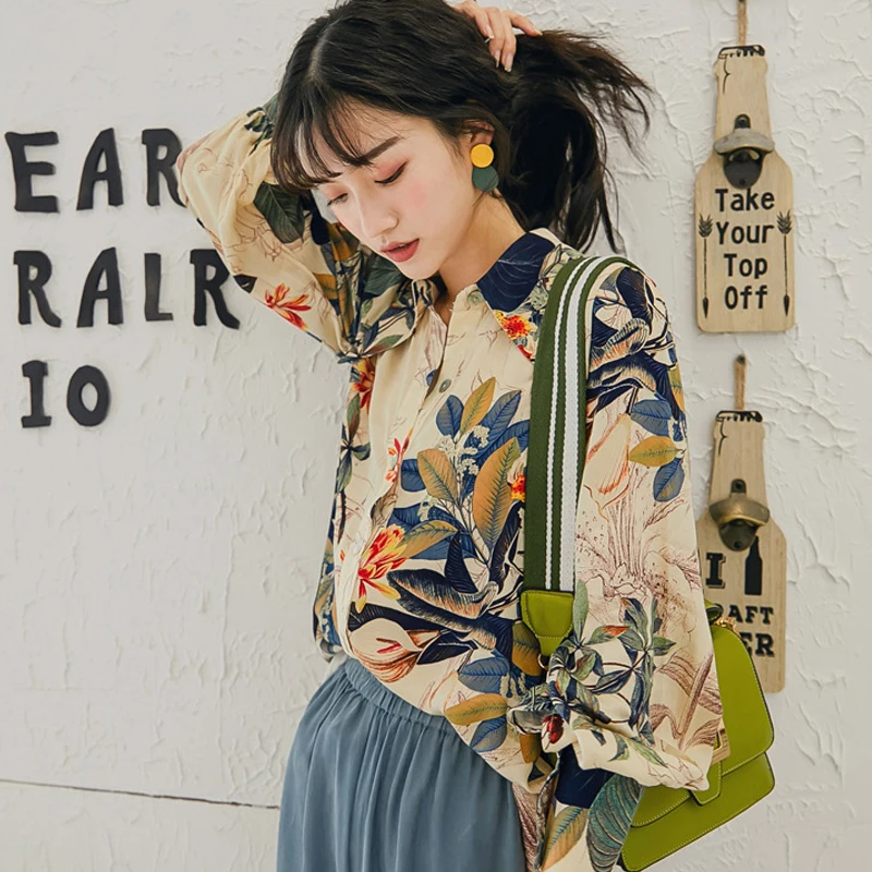 2019 женская шифоновая блуза с длинными рукавами в стиле Харадзюку гавайским