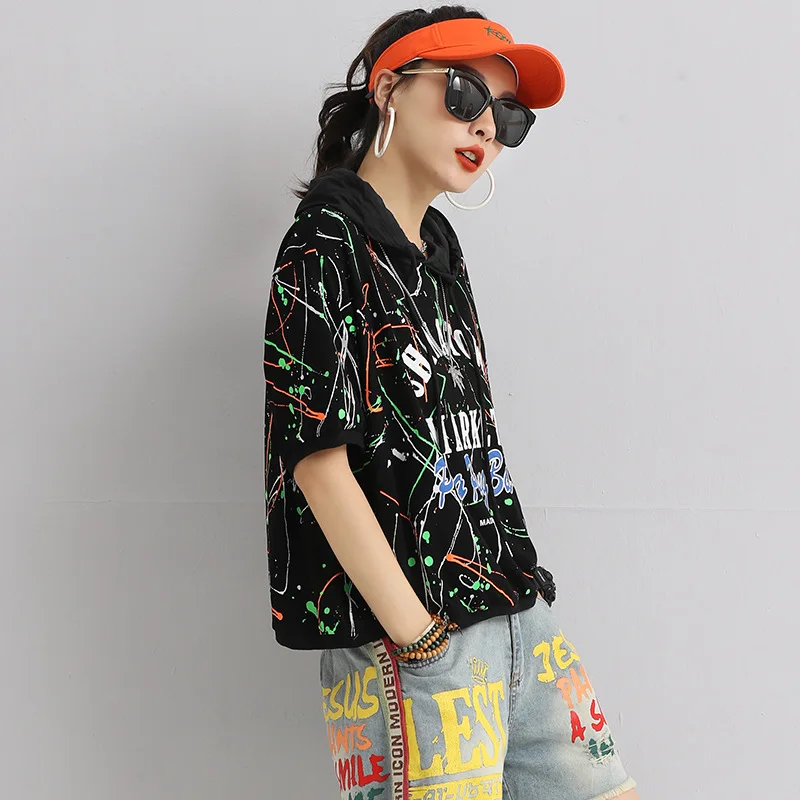 

2021 Street Short Sleeve Hooded Tshirts for Woman Colorful Line Geometric Pattern Print Summer Tees Mujer Camisetas Tops Women