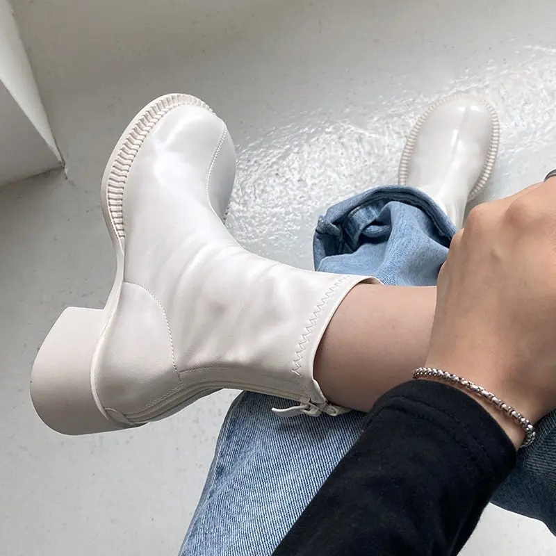 

Women Martin Boots 2021 New Spring/Autumn Retro Ladies Booties Round-head White Female High Heels Womans Pumps 6cm Heeled Shoes