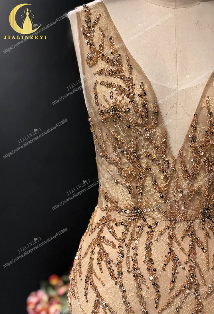 JIALINZEYI Gold Beads Crystal lace V Neck Mermaid Floor Length robe de soirée de mariage Fromal dress Evening Dresses