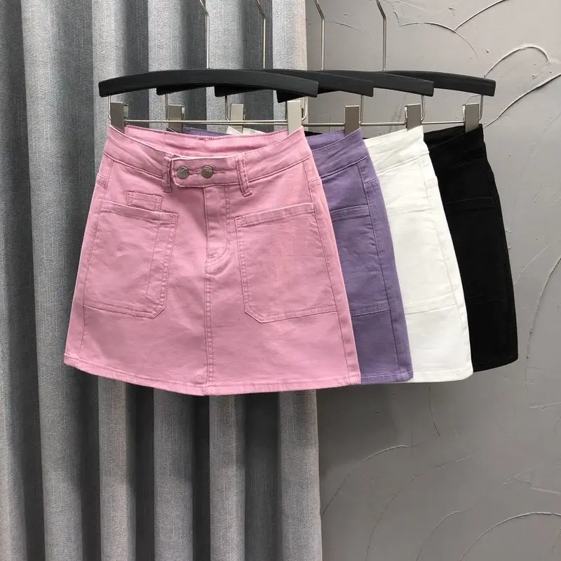 Pink high-waist denim skirt female summer new high-waist half-length bag hip skirt  jean skirt  women clothes  Straight  Solid