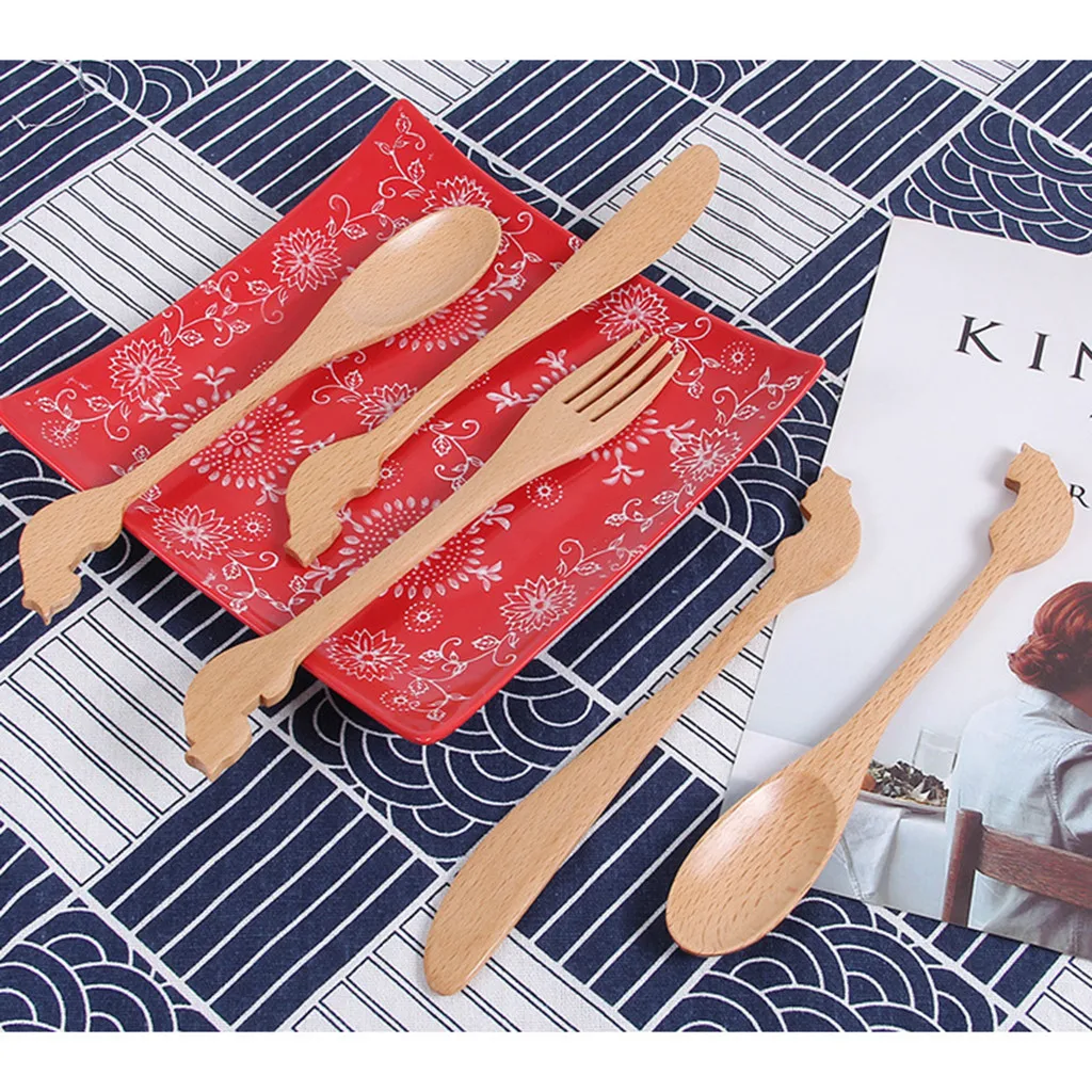 

Wooden Spoon Fork Knife Set Natural Non Toxic Heat Resistance Kitchen Cooking Utensil Tools Soup-Teaspoon Tableware Dining Bar
