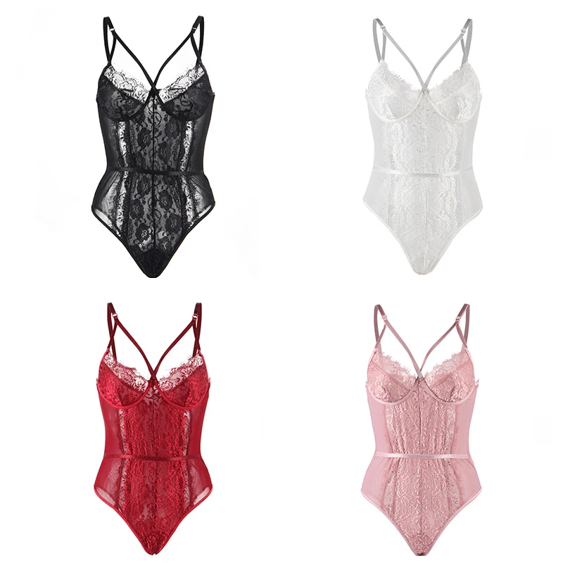 

White Lace Bodysuit Women Outfits XL Pink Transparent Sexy Body Suit 3/4 Cup Junmpsuits Female Playsuits Sleeveless RS80875