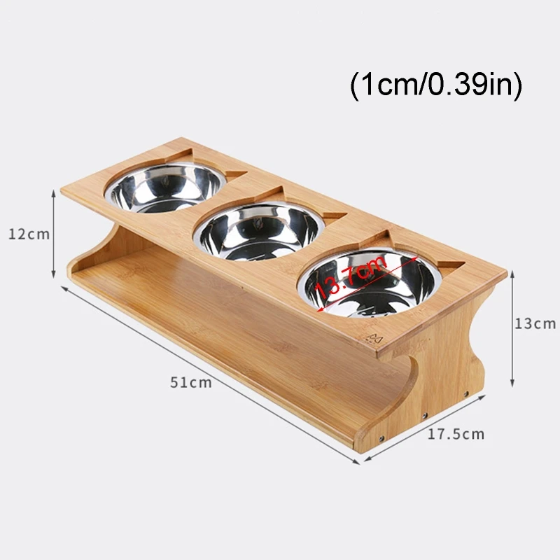 

Health Pet Feeder Three Bowls Stainless Steel with Bamboo Frame Stand Dog Cat Food and Water Dispenser Environmental