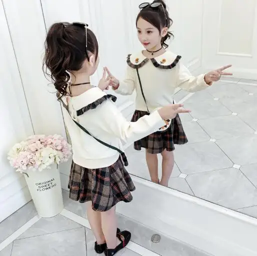 Children Clothing Set Autumn Baby Girls Outfits Kids Plaid Skirt & Sweatshirt 2PCS Suits For Clothes 3 4 5 6 7 8 10 Years | Детская