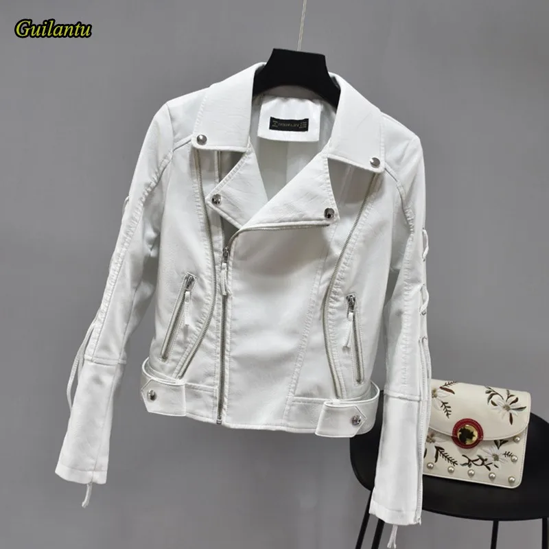 Куртка женская из искусственной кожи на молнии с отложным воротником|Кожаные