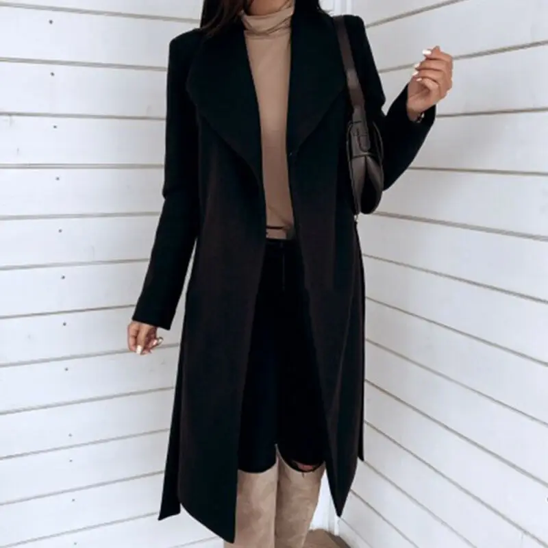 

Womens Overcoat Woolen Trench Coat Lace Up Outwear Cardigan Long Jacket Fashion