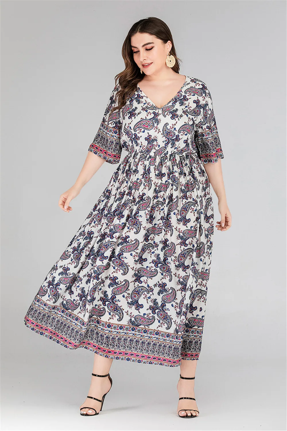 

Vintage Dress Screw Thread Printed Half Sleeve V Neck Loose A Line Dress Autumn Plus Size Female Clothes
