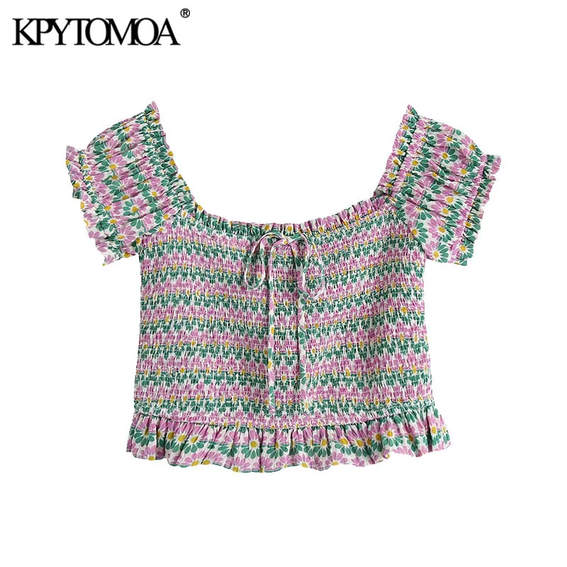 

KPYTOMOA Women 2021 Sweet Fashion Smocked Cropped Floral Print Blouses Vintage Short Sleeve Ruffled Female Shirts Chic Tops