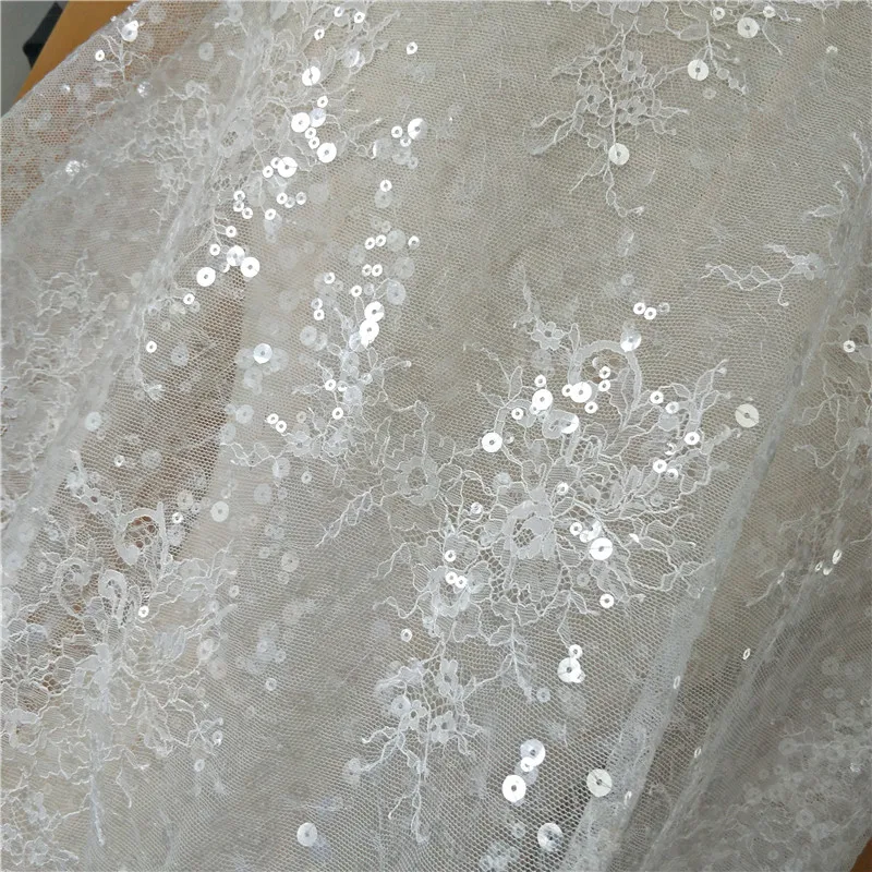 

150cm Wide Gorgeous Lace Material 2021 High Quality French Lace+Sequins Shiny Ivory Wedding Gowns Sewing Lace Fabric