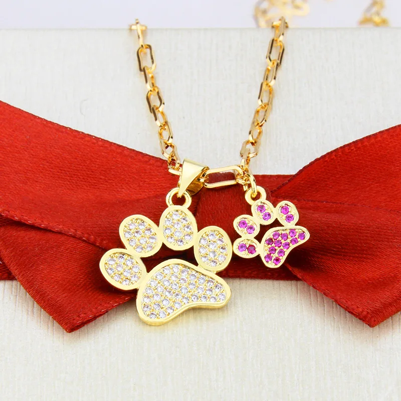 

Trendy Cute Rose Gold Bear Paw Dog Cat Claw Pink Necklace shin Cubic Zirconia Footprint Necklaces for Women gift Love Jewelry
