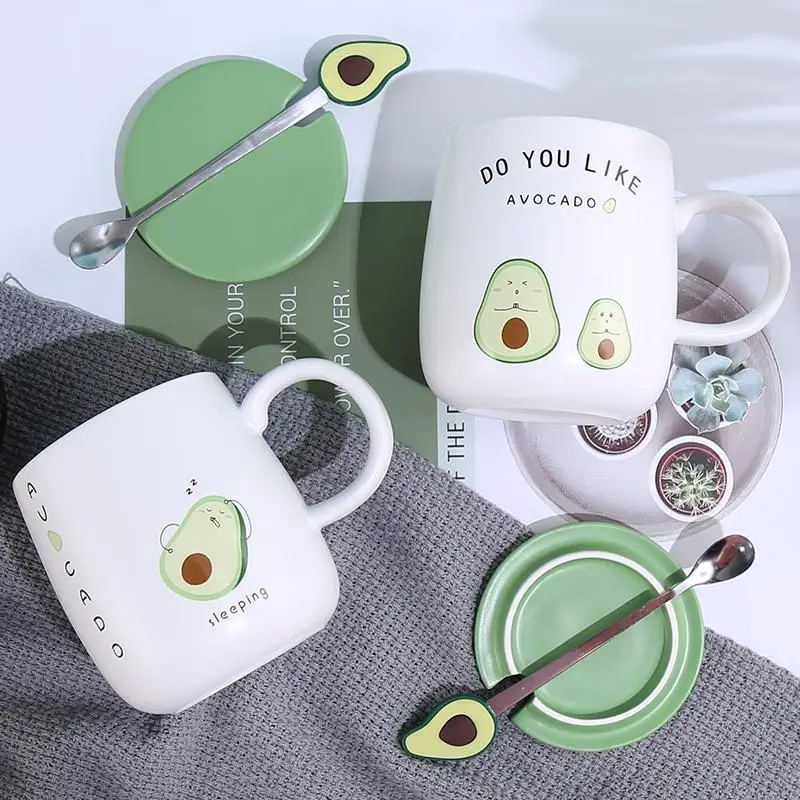 

Mugs with Avocado Funny Coffee Cup Ceramic Creative Color Heat-resistant Mug with Lid 450ml Kids Office Home Drinkware Gift