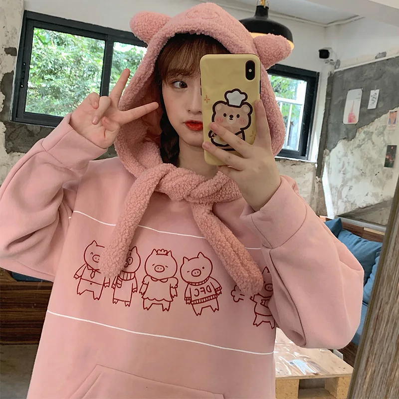 Autumn Winter Women Pig Ear Fleece Scarf Hooded Sweatshirt Plus Velvet Thicken Hoodies Sweet Girls Cartoon Print Kawaii Tops