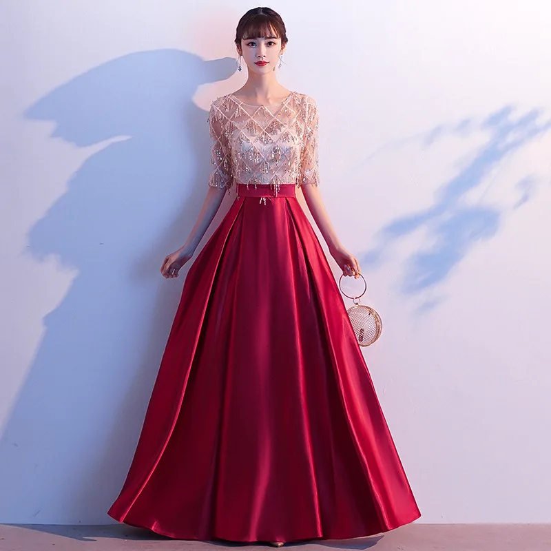 

Lace-satin Patchwork Burgundy Chinese Qipao Sequins Perspective Cheongsam Tassel Pleated Dresses Gown Sparkly Check Vestidos