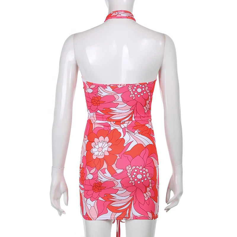 

Floral Printed Sexy Cut Out Y2k Halter Dresses Women Ruched Drawstring Casual Sundress 2021Summer Sleeveless Party Beach Dress