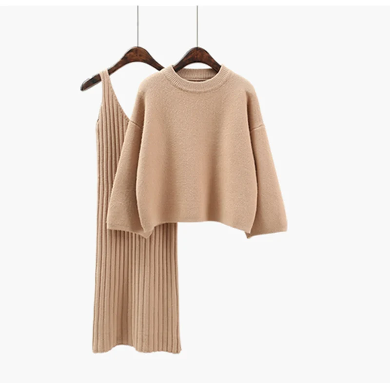 Женский шерстяной костюм-свитер Розовый Повседневный Свободный пуловер и платье