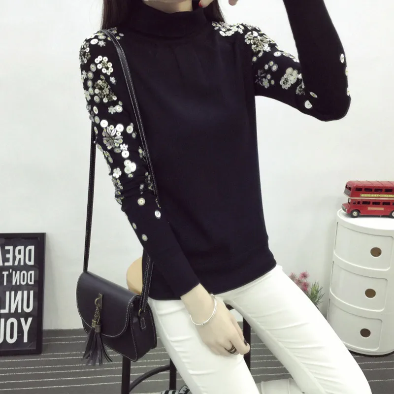 2021 Womens Sweater Long Sleeve Whit Hand-made Beading Chic Turtleneck Sweaters Black Ladies Elegant Pullovers Winter Tops | Женская