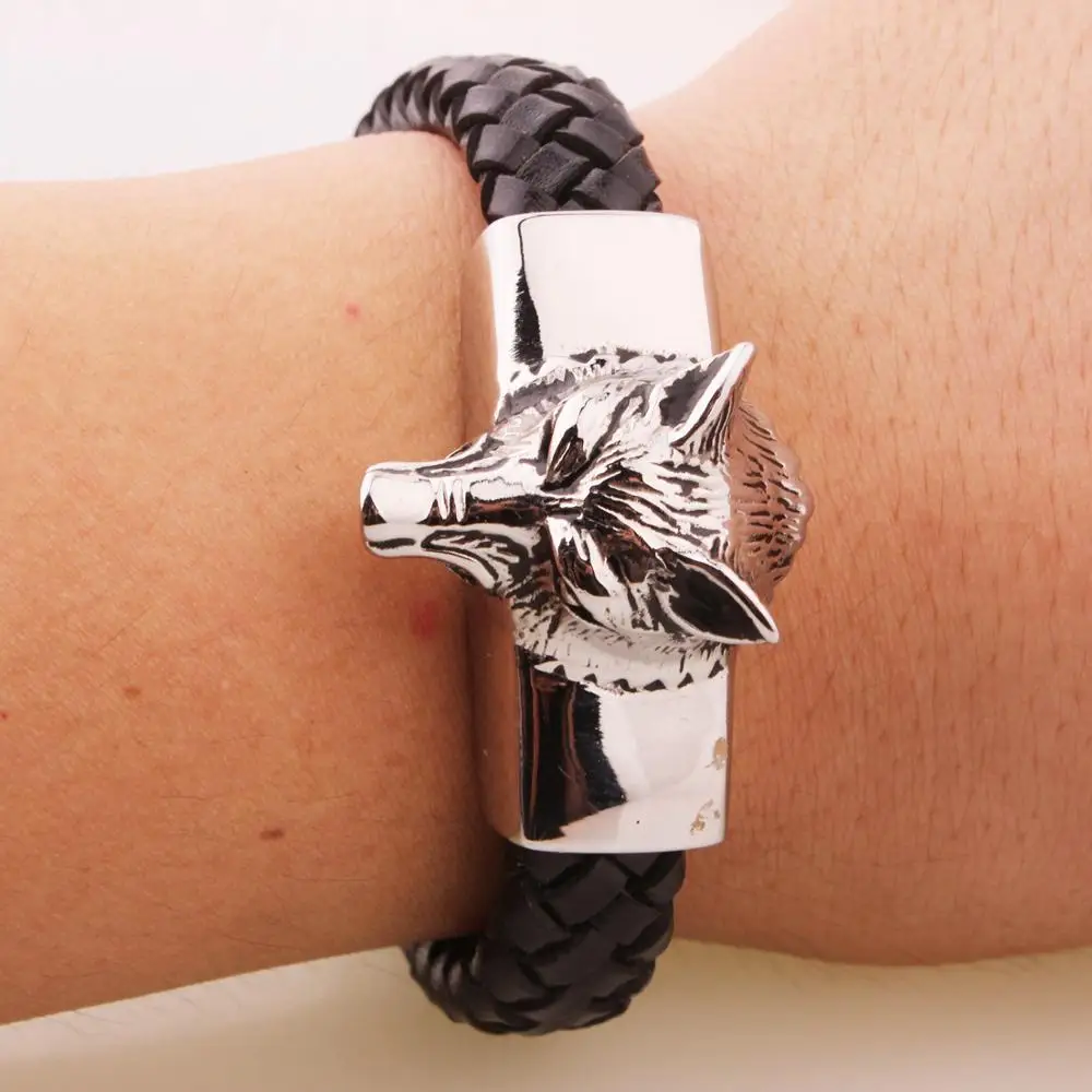 Мужской браслет из натуральной кожи Серебристый нержавеющей стали с головой