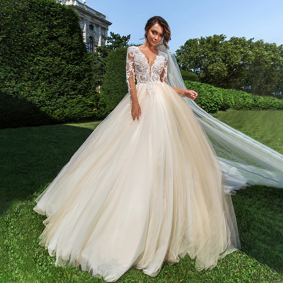 

BAZIIINGAAA роскошное свадебное платье с длинным рукавом, водолазка, аппликация, кружева, свадебное благородное платье, мусульманские невесты, п...