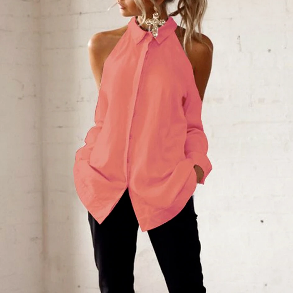 Женщины холодное плечо отложной воротник рубашки топы летние с длинным рукавом