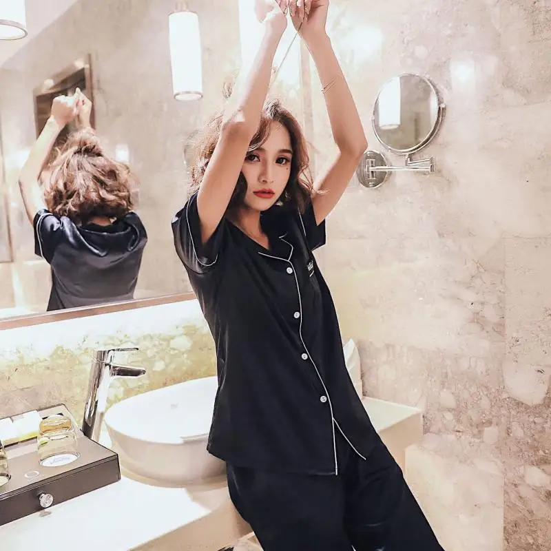 2020 весенне-летние женские пижамные комплекты шелковая атласная ночная рубашка с