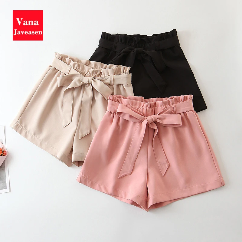 

Elasticated High Waist Shorts Women's Summer Solid Color Sashes Lace-up Loose Shorts spodenki damskie pantalones Streetwear