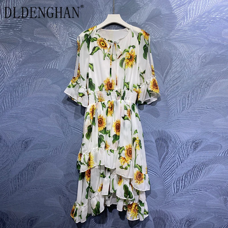 

DLDENGHAN Fashion Sunflower Print Summer Chiffon Dress Women O-Neck Flare Sleeve Elastic Waist Vacation Dresses Designer New