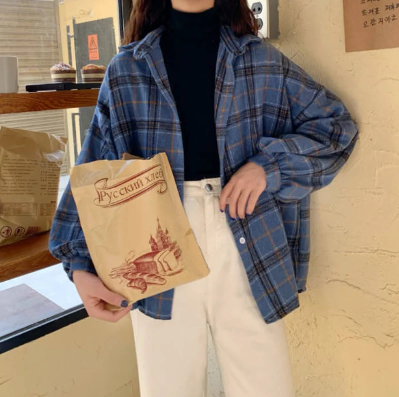 

Women's blouse lapel stand collar spring shirt plaid all-match batwing sleeve loose jacket Harajuku female 6 colors chic shirt