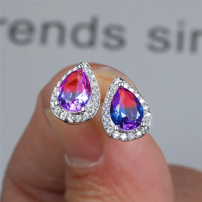 

Dainty Female Rainbow Crystal Stud Earrings Charm Silver Color Zircon Earrings For Women Vintage Bride Geometry Wedding Earrings