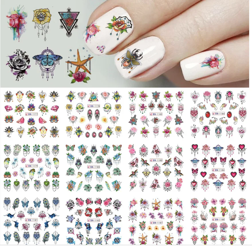 12 Designs Nail Sticker Mixed Floral Cartoon Water Transfer Decals Sliders for Nails Butterfly Leaves Tatto Manicures Decoration
