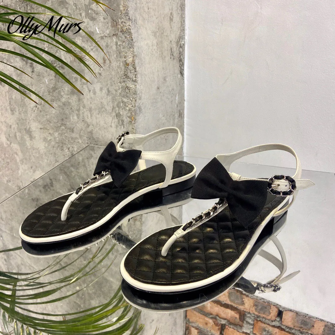 

Ollymurs New Spring Summer Genuine Leather Cute Bowtie Summer Sandals Chain Flats Sandals Shoes Women
