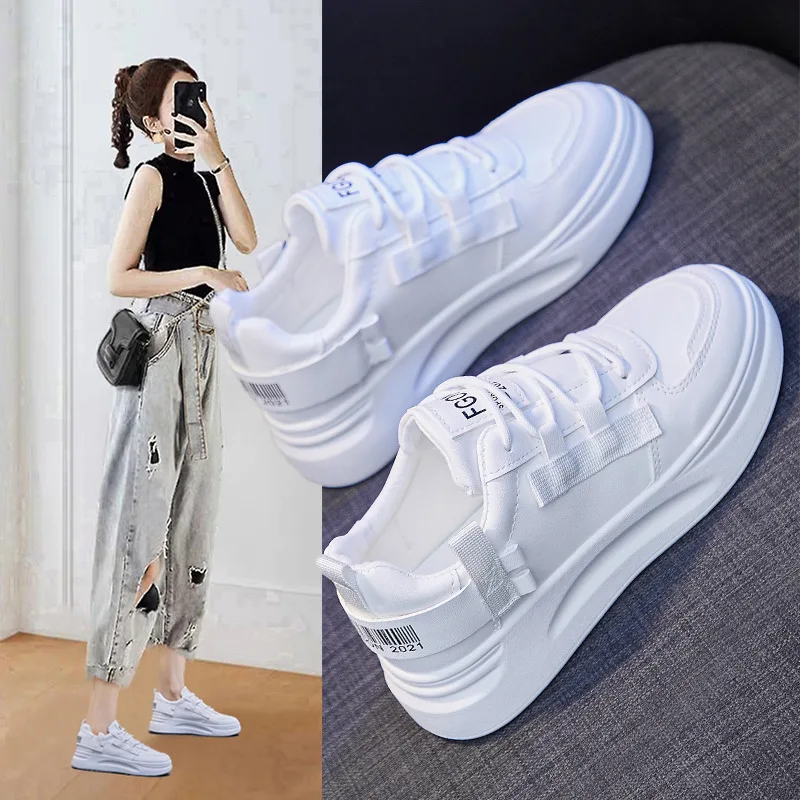 

Женские кроссовки из ПУ кожи, белые однотонные кроссовки на шнуровке, повседневная обувь, для весны, 2021