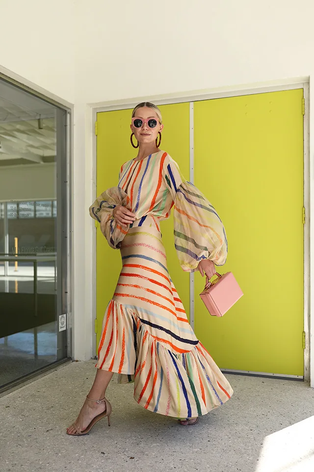

Mandylandy Women's Elegant Color Striped Suit Spring Autumn High Waist Stitching Irregular Skirt + O-Neck Puff Sleeve Top Suit