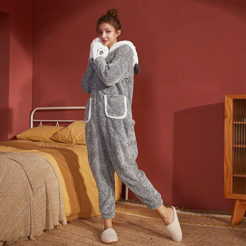 

Cute Cartoon Panda Hooded Home Wear Women Coral Fleece Pajamas Winter Plus Velvet Thickened Warmth One-piece Ladies Pajamas