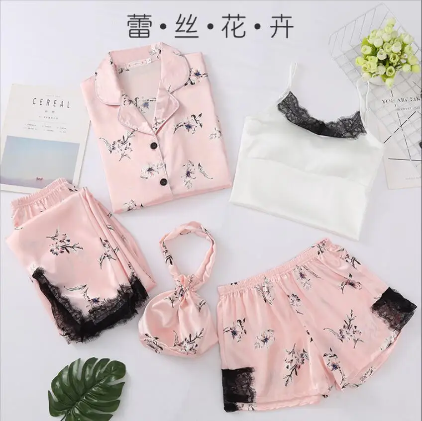 

Printing Lace Sexy Women Pajamas Ice Silk New Top+Pant+Nightdress Sleepwear Spring Fashion Pajama Set