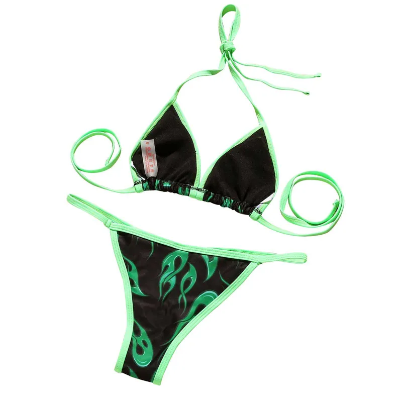 2 предмета Для женщин сексуальный комплект бикини взрослых пламя печати галстук