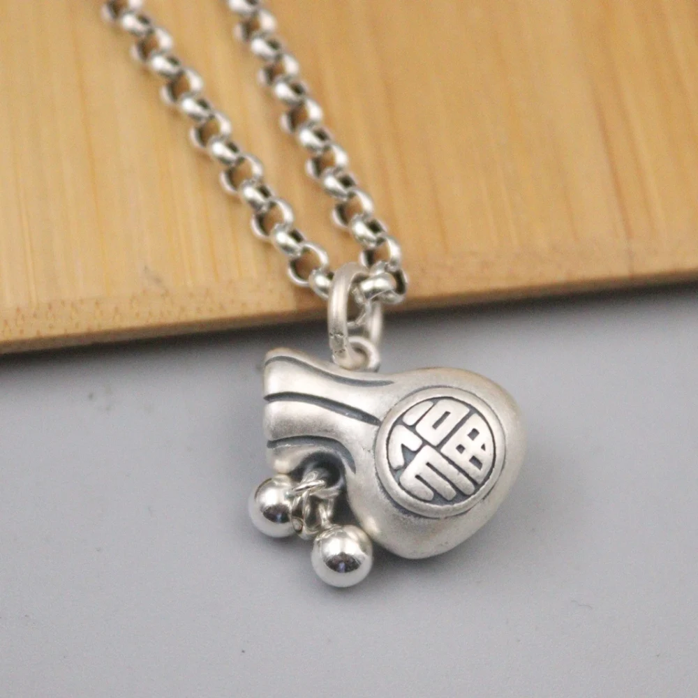

New Fine Pure Sterling Silver S925 Pendant Women Men Fu Coin Bag Figure Pendant 17*12mm