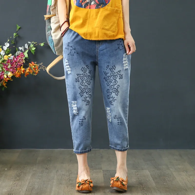 Женские джинсовые брюки-шаровары размера плюс повседневные свободные винтажные