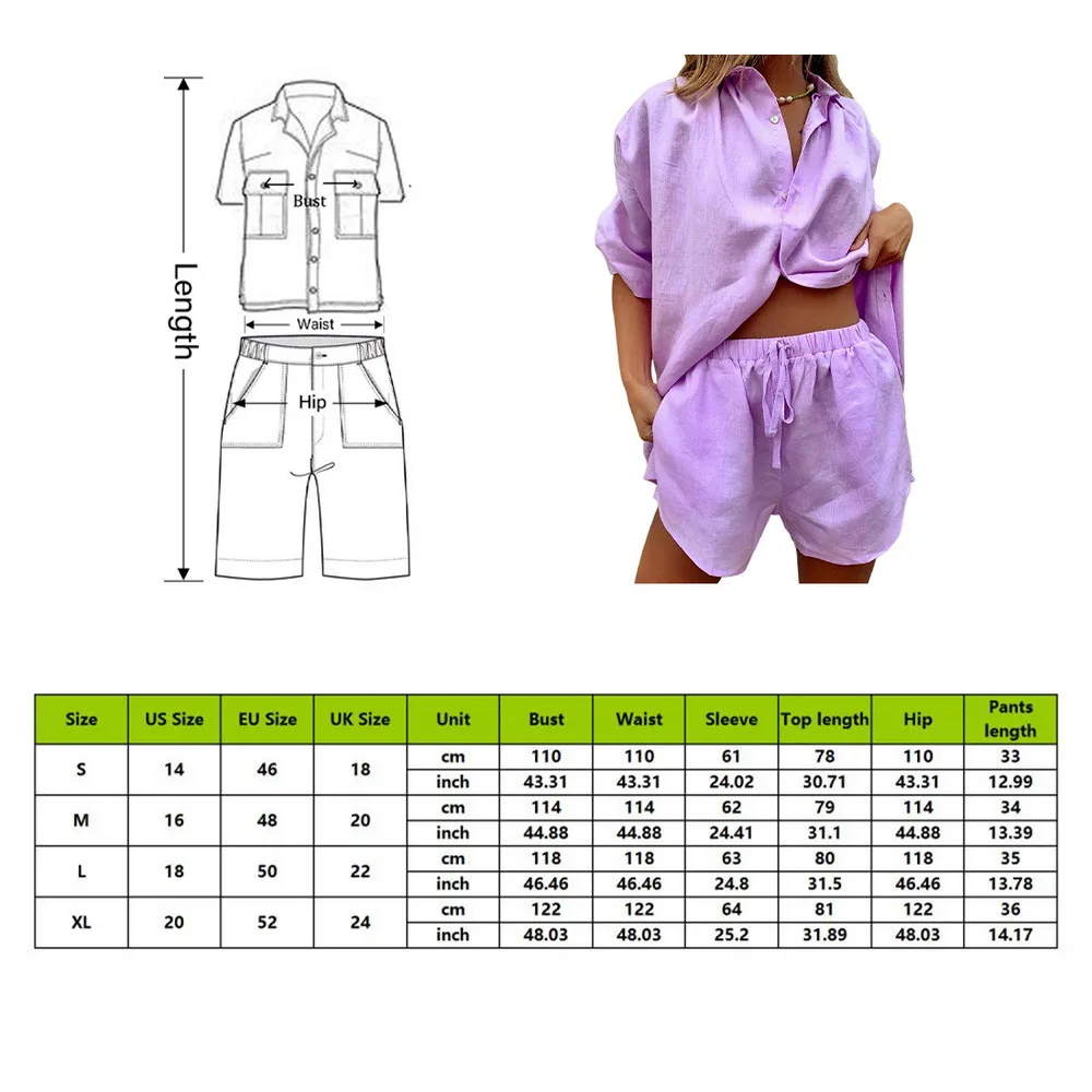 

Elegant Solid Women Two Piece Set Summer Short Sleeve Shirt Top + Drawstring Shorts Homewear Suit Spring Button Sexy Lady Outfit
