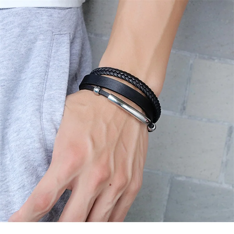 ZG новый модный браслет черный панк из кожи и нержавеющей стали мужской на