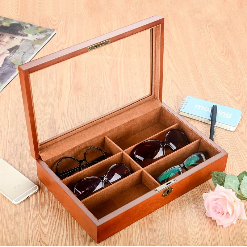 Big deal Wooden 6 Grids Glasses Storage Box Sunglasses Storage Organizer Eyeglasses Display Organizer Jewelry Box with Cover
