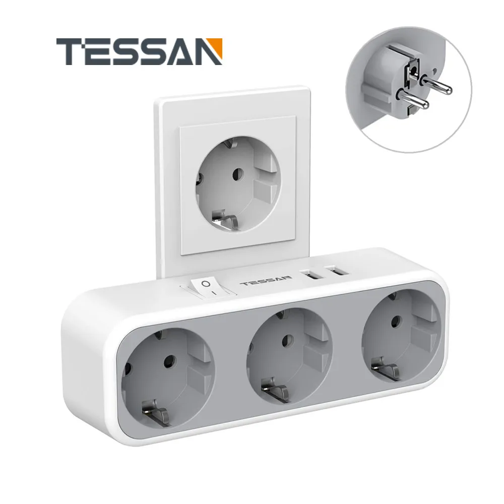 

TESSAN Multi Sockets EU Plug Power Strip 3 Outlets with 2 USB Ports Overload Protector Switch Home Travel Wall Charger Adapter