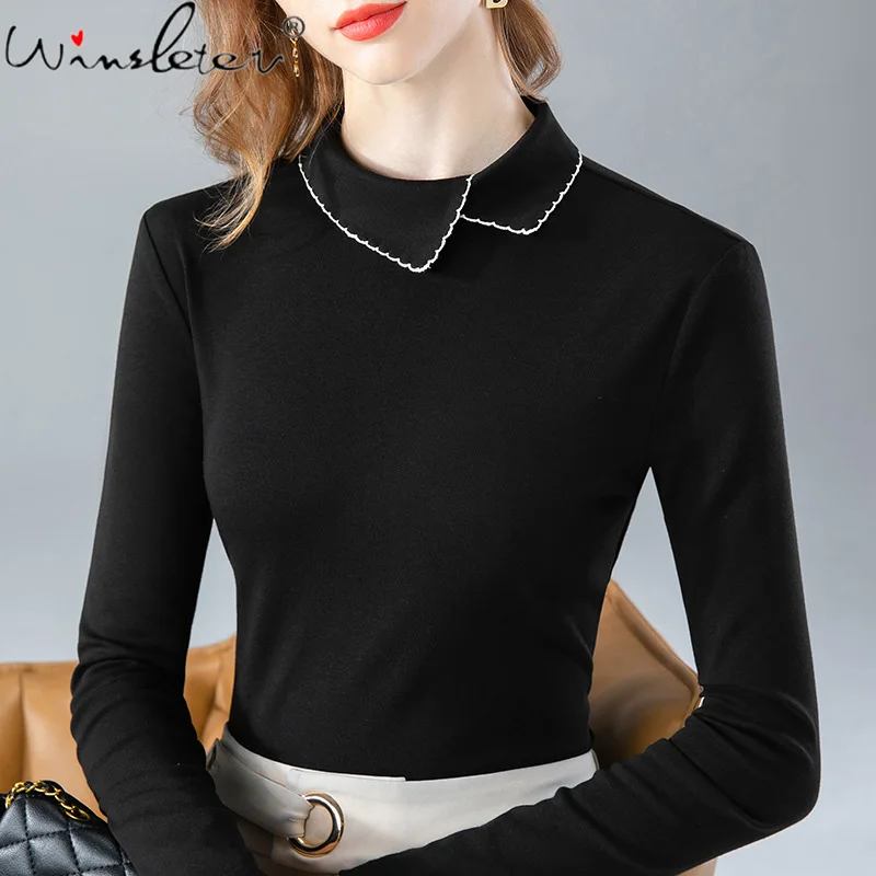 

Design Peter Pan Collar Black T-shirt Women Cotton Slim Stretchy Long Sleeve Color Block Tops For Women New 2022 T1D905A