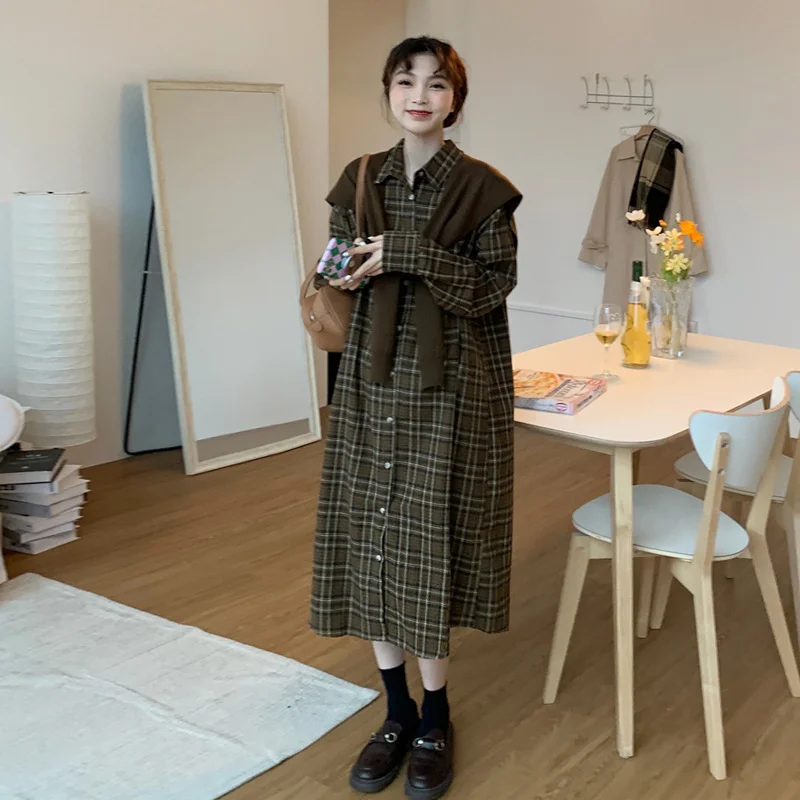 

Autumn/winter Plaid Shirt Dress for Women 2021 New Retro Hong Kong Style Design Sense Niche Loose Temperament Dress