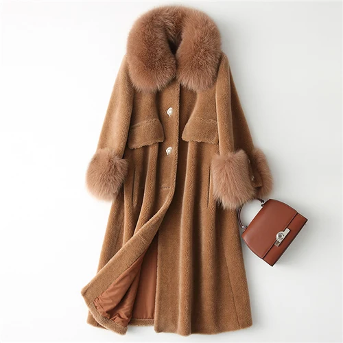 Camel MAOMAOFUR/шерстяное пальто для женщин с натуральным лисьим меховым воротником и манжетами; теплая верхняя одежда для женщин; Новая модная длинная стильная куртка из натурального овечьего меха - Цвет: Camel