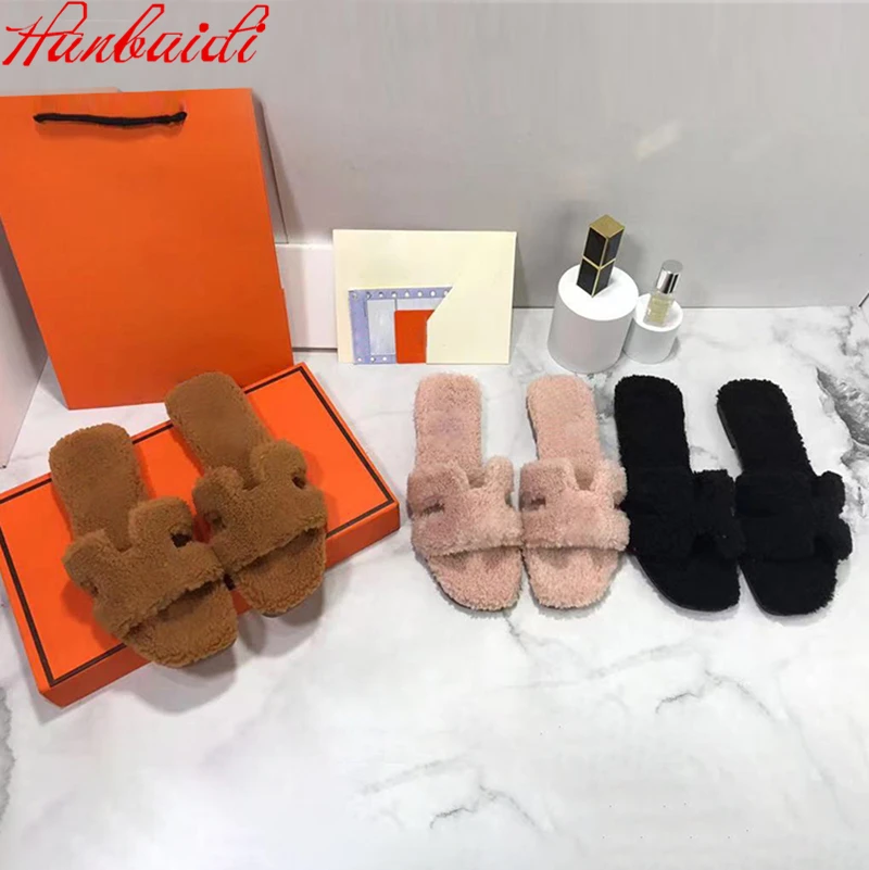 

Fashion Fall Winter Luxury Female Designer Wool Slippers Fur Plush Warm Slide Female House Indoor Flats Women Slids Outdoor