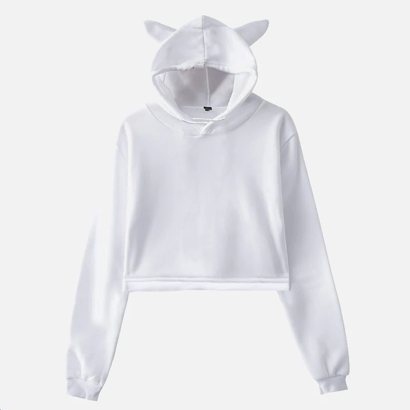 White 2 Укороченная Женская толстовка с длинным рукавом с кошачьими ушками и капюшоном, осенняя короткая женская толстовка, Весенняя уличная одежда, милая Женская толстовка с капюшоном - Цвет: White 2